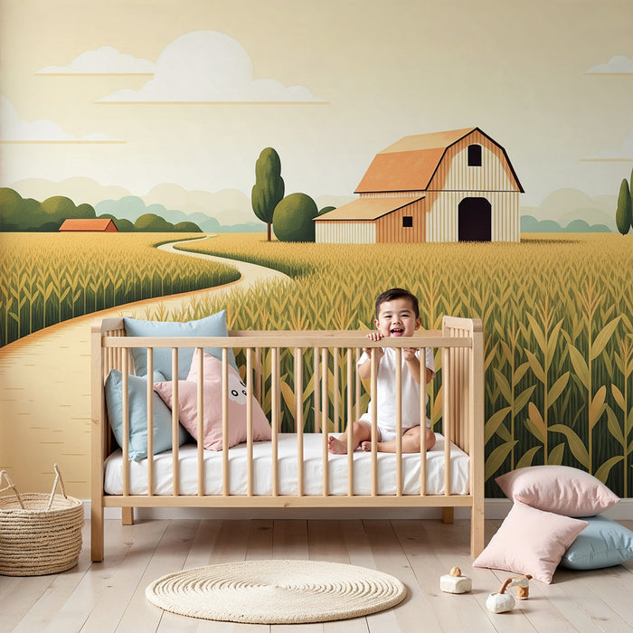 Children's bedroom wallpaper | Sunny farm with golden fields and winding path