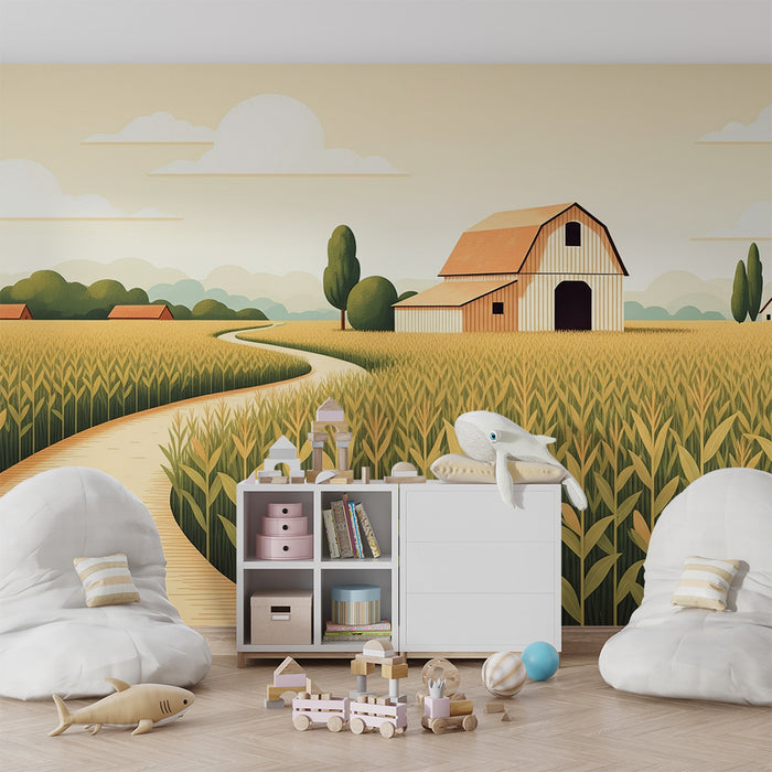 Children's bedroom wallpaper | Sunny farm with golden fields and winding path