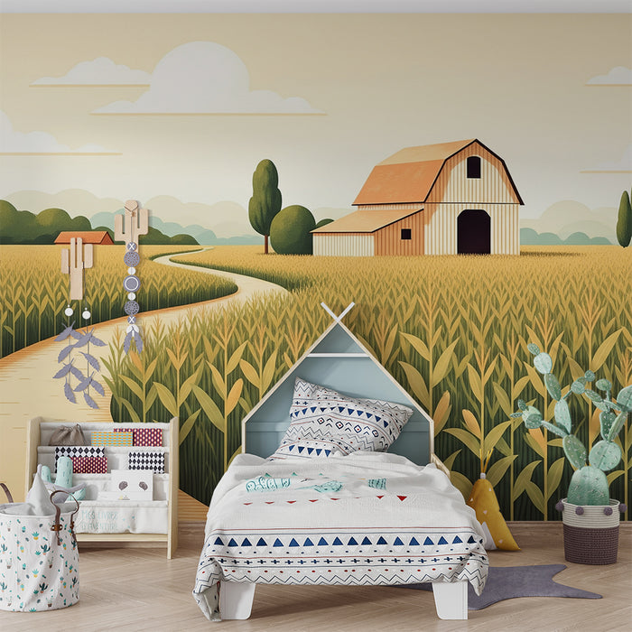 Children's bedroom wallpaper | Sunny farm with golden fields and winding path