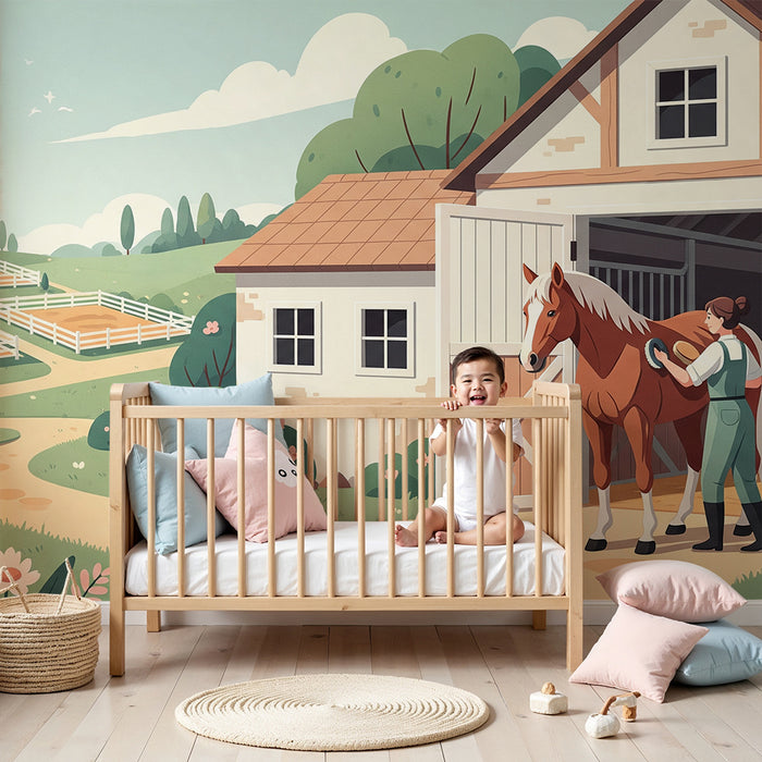 Papier peint chambre enfant | Ferme ensoleillée avec chevaux et fleurs colorées