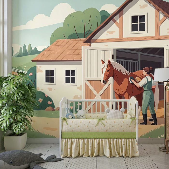 Papier peint chambre enfant | Ferme ensoleillée avec chevaux et fleurs colorées