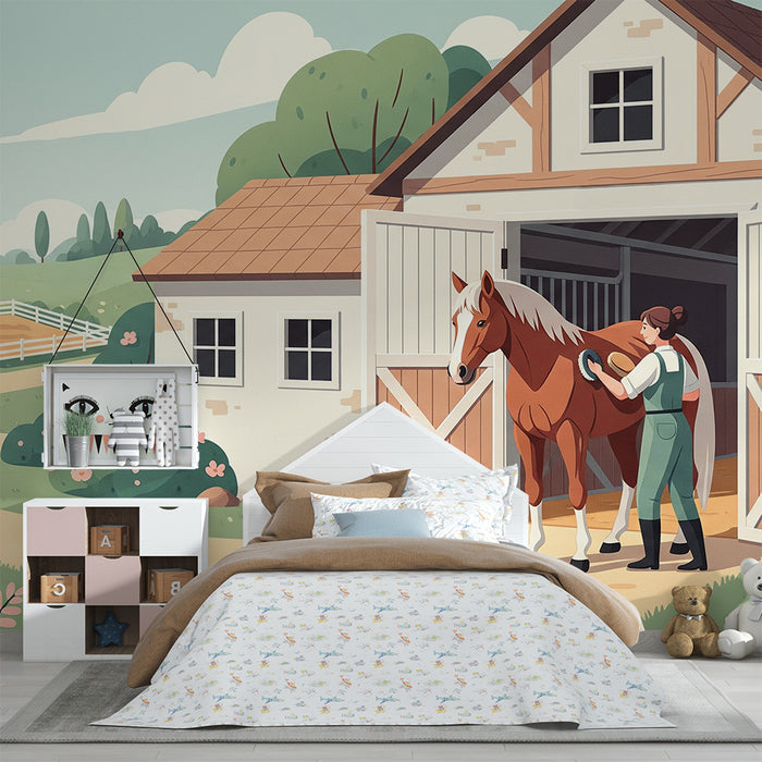 Papier peint chambre enfant | Ferme ensoleillée avec chevaux et fleurs colorées