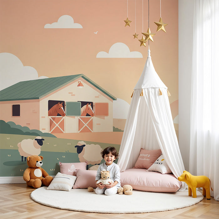 Papel de parede para quarto infantil | Quinta ensolarada com cavalos e ovelhas