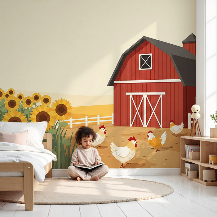 Tapeta do detskej izby | Slnečná farma so slnečnicami a sliepkami