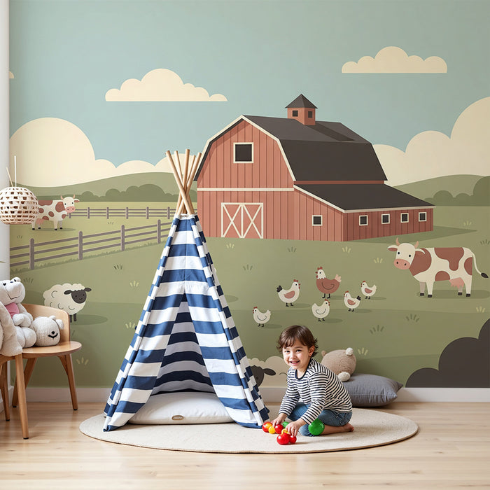 Papier peint chambre enfant | Ferme joyeuse avec animaux de la campagne