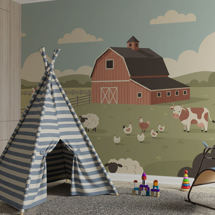 Papier peint chambre enfant | Ferme joyeuse avec animaux de la campagne