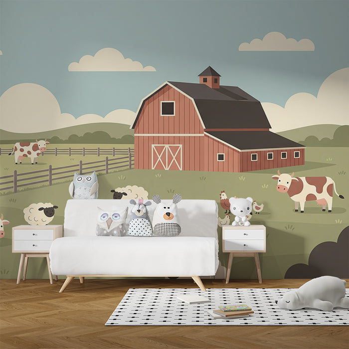 Papier peint chambre enfant | Ferme joyeuse avec animaux de la campagne