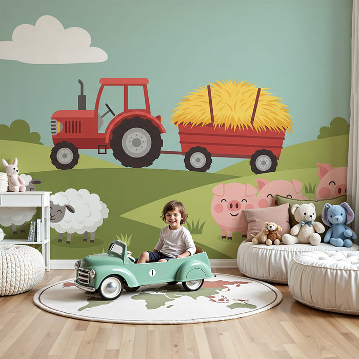 Tapet camera copil | Ferma vesela cu tractor si animale
