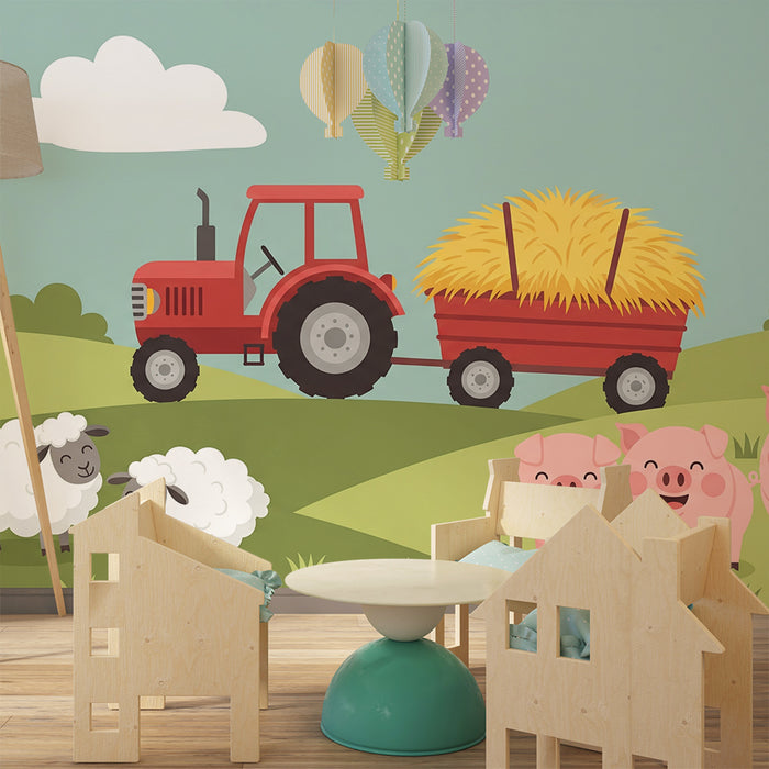 Tapet camera copil | Ferma vesela cu tractor si animale