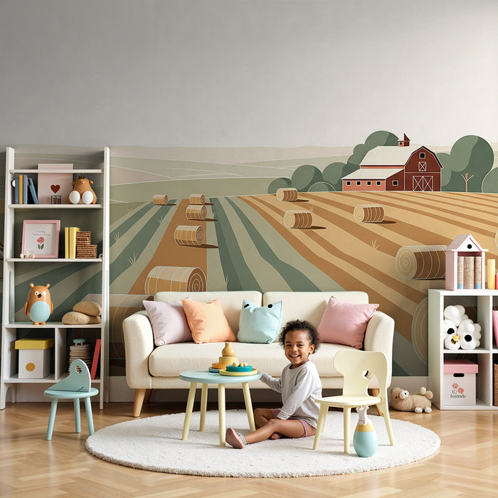 Papel de parede para quarto infantil | Quinta tranquila com animais e campos dourados