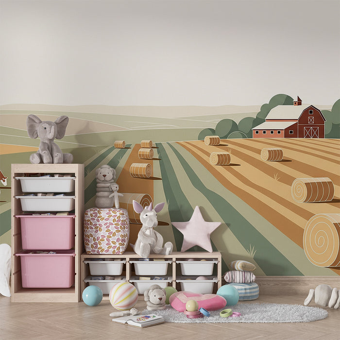 Papel de parede para quarto infantil | Quinta tranquila com animais e campos dourados