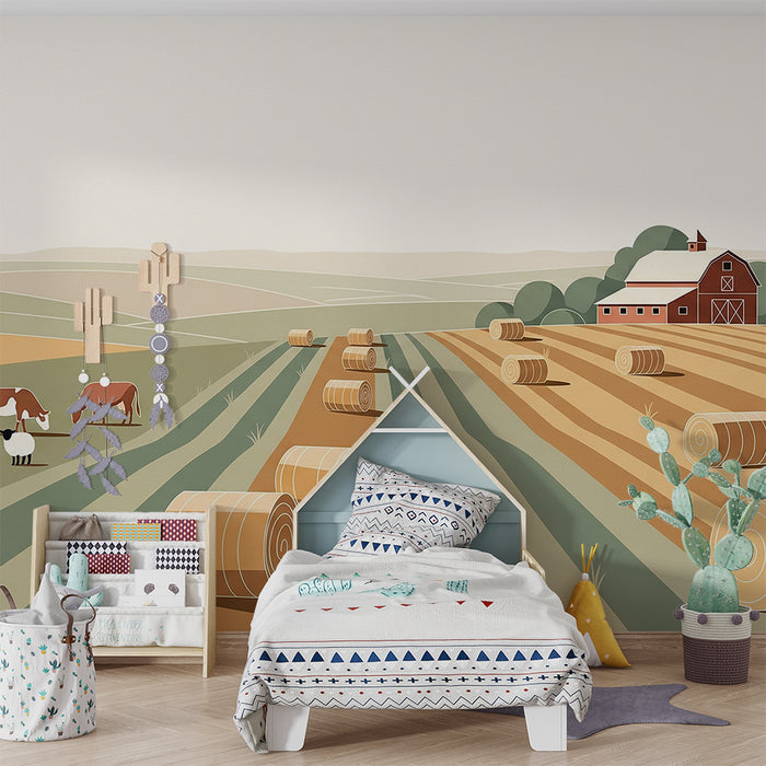 Papel de parede para quarto infantil | Quinta tranquila com animais e campos dourados