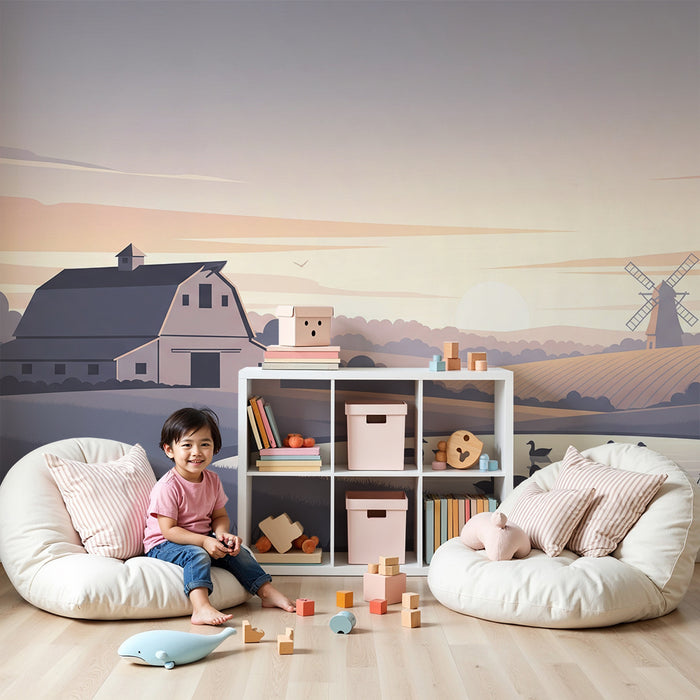 **Kinderzimmer Tapete | Friedlicher Bauernhof mit Enten und Windmühle**