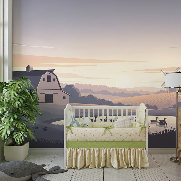 **Kinderzimmer Tapete | Friedlicher Bauernhof mit Enten und Windmühle**