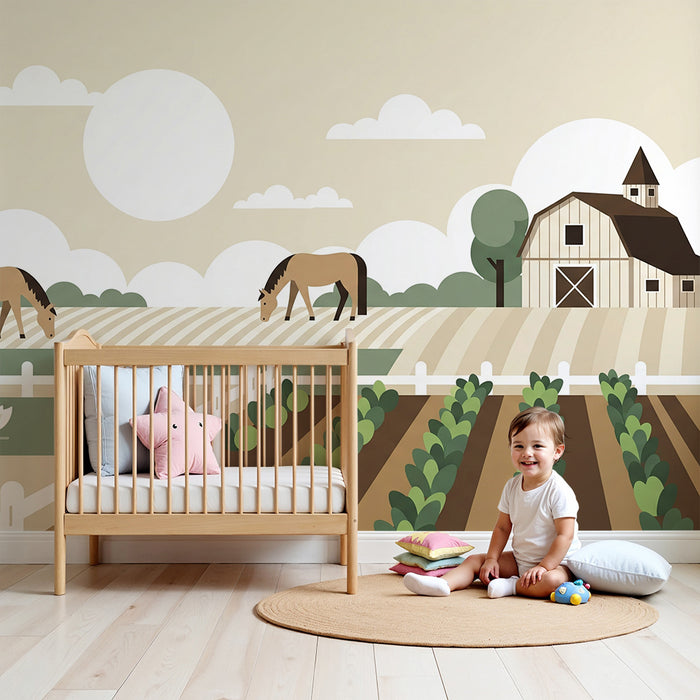 Tapeta do detskej izby | Pokojná farma s koňmi a kačkami