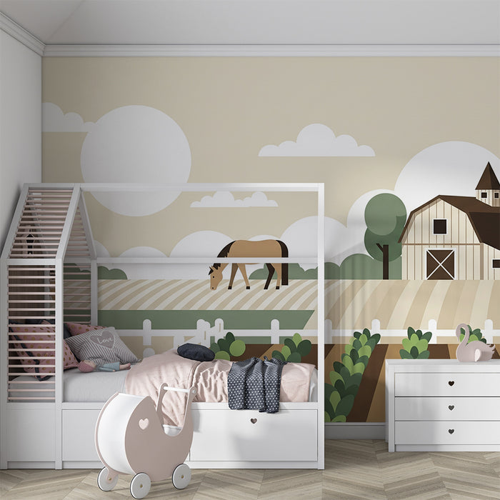 Tapeta do detskej izby | Pokojná farma s koňmi a kačkami