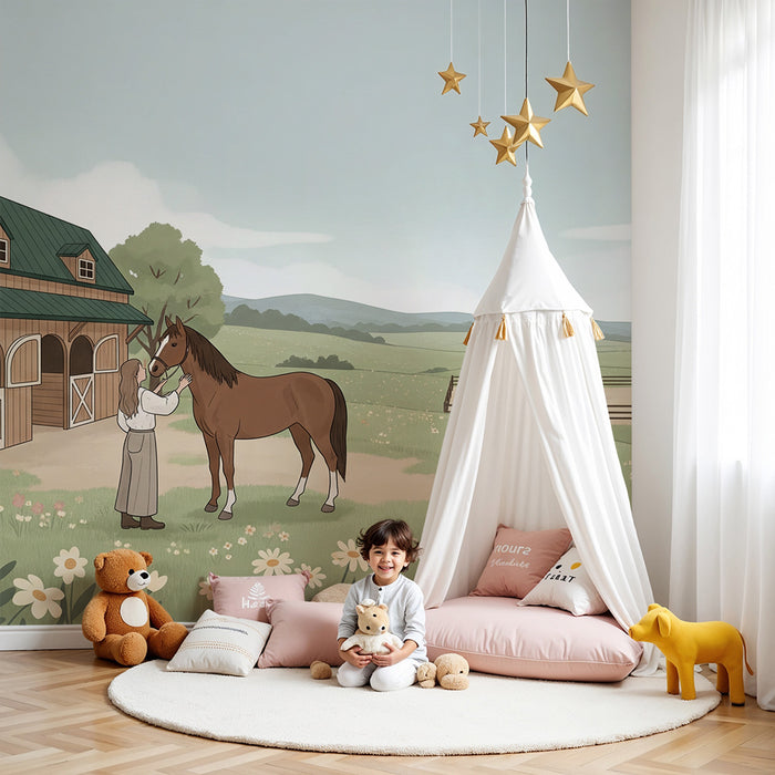 Papier peint chambre enfant | Ferme paisible avec chevaux et prairie fleurie