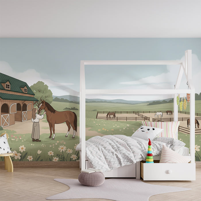 Papier peint chambre enfant | Ferme paisible avec chevaux et prairie fleurie