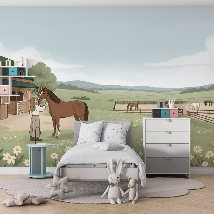 Papier peint chambre enfant | Ferme paisible avec chevaux et prairie fleurie