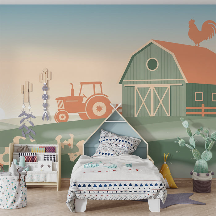 Gyerekszoba tapéta | Békés farm tehenekkel és traktorral