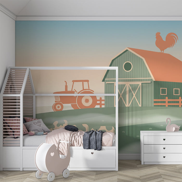 Gyerekszoba tapéta | Békés farm tehenekkel és traktorral