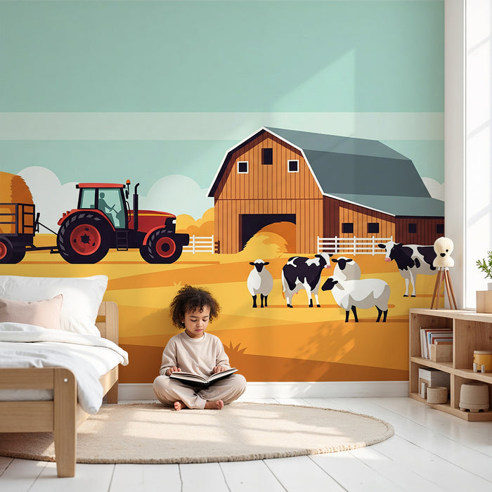 Tapeta do pokoje dítěte | Živá farma s traktorem a zvířátky