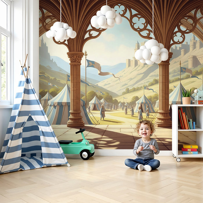 Papier peint chambre enfant | Festival médiéval avec tentes et château en arrière-plan