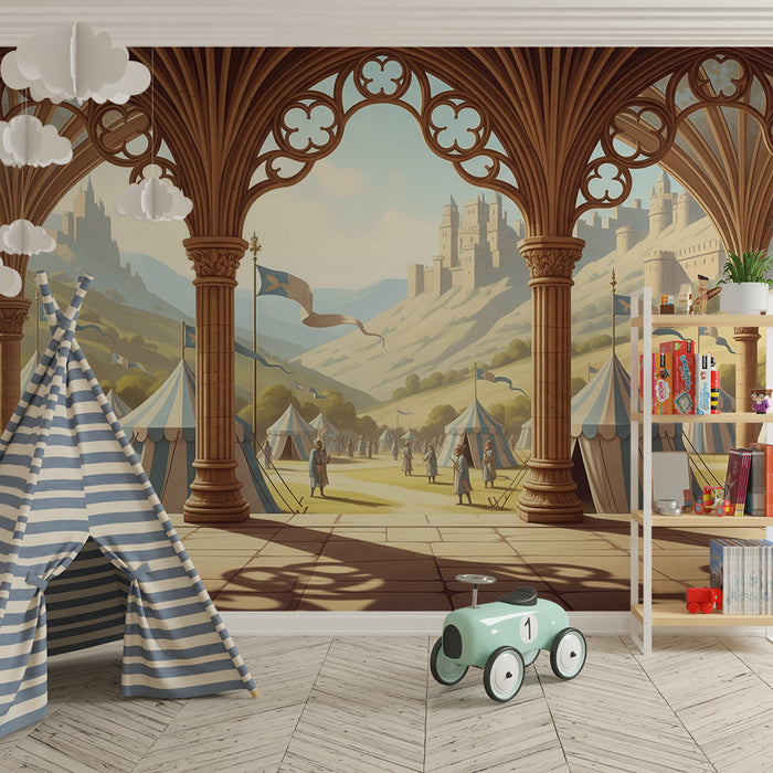 Papier peint chambre enfant | Festival médiéval avec tentes et château en arrière-plan