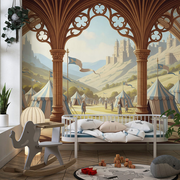 Papier peint chambre enfant | Festival médiéval avec tentes et château en arrière-plan