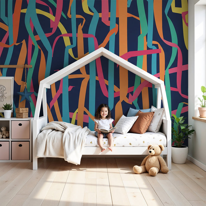 Kids room wallpaper | Värvikas pidu erksate triipudega sinisel taustal