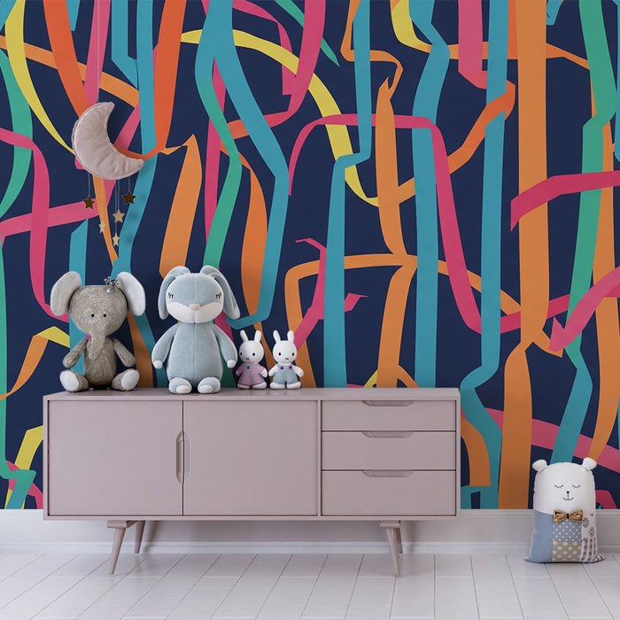 Kids room wallpaper | Värvikas pidu erksate triipudega sinisel taustal
