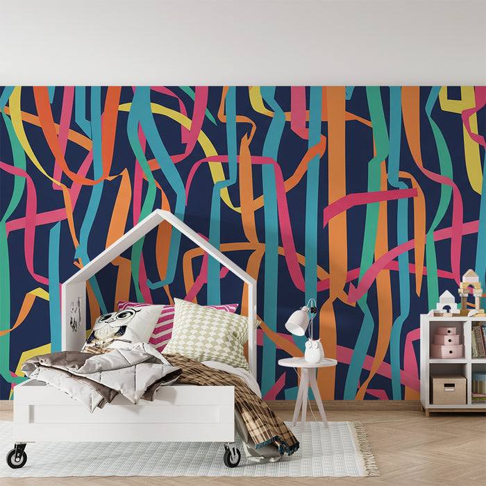 Kids room wallpaper | Värvikas pidu erksate triipudega sinisel taustal