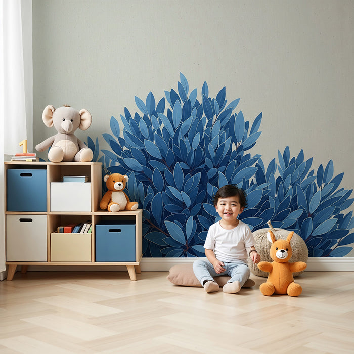Kinderzimmer Tapete | Beruhigendes blaues Blattwerk auf neutralem Hintergrund