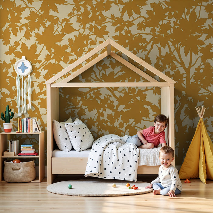 Papier peint chambre enfant | Feuillage doré sur fond crème