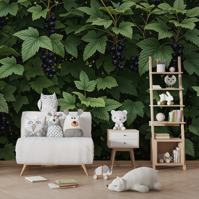 Kinderzimmer Tapete | Üppiges Blattwerk mit schwarzen Beeren