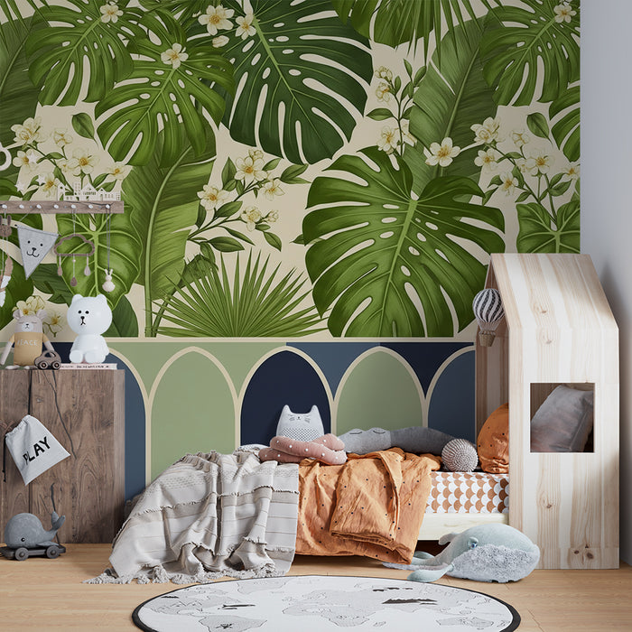 Papier peint chambre enfant | Feuillage tropical avec fleurs délicates et motifs géométriques