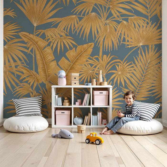 Papier peint chambre enfant | Feuillage tropical doré sur fond bleu