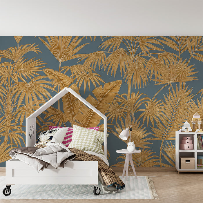 Papier peint chambre enfant | Feuillage tropical doré sur fond bleu