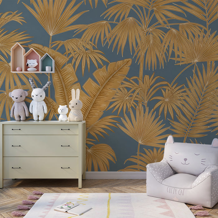 Papier peint chambre enfant | Feuillage tropical doré sur fond bleu