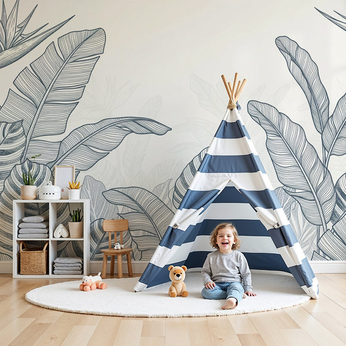 Behang kinderkamer | Delicaat lijnenspel met tropisch blad