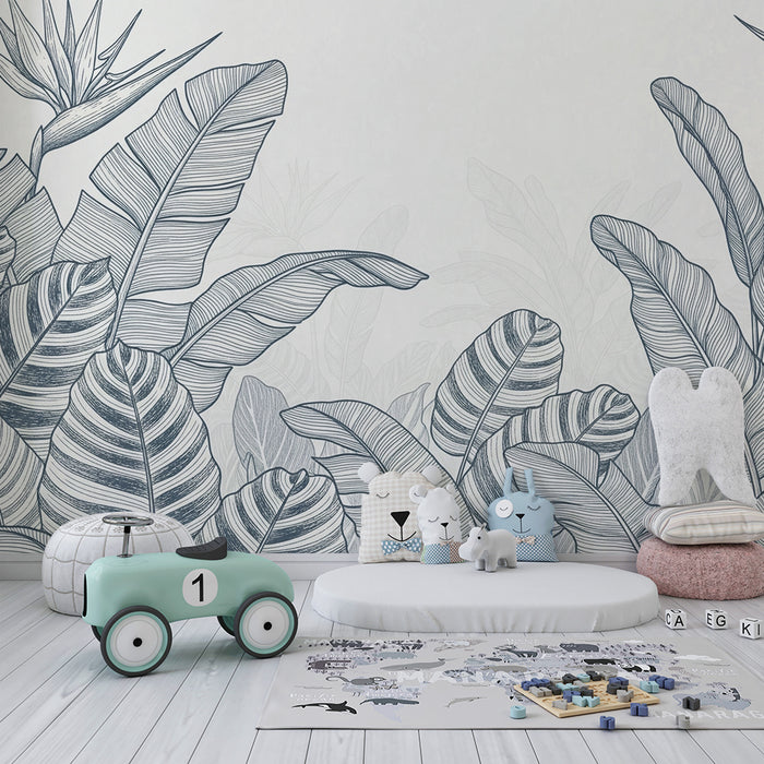 Behang kinderkamer | Delicaat lijnenspel met tropisch blad