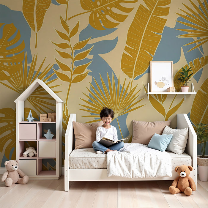 Papier peint chambre enfant | Feuillage tropical en nuances de jaune et bleu