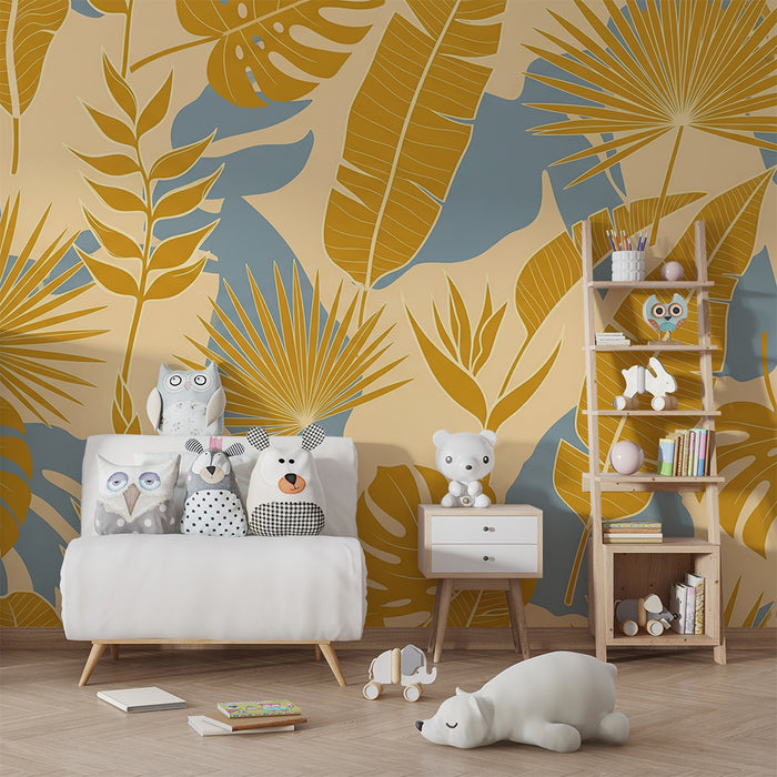Papier peint chambre enfant | Feuillage tropical en nuances de jaune et bleu