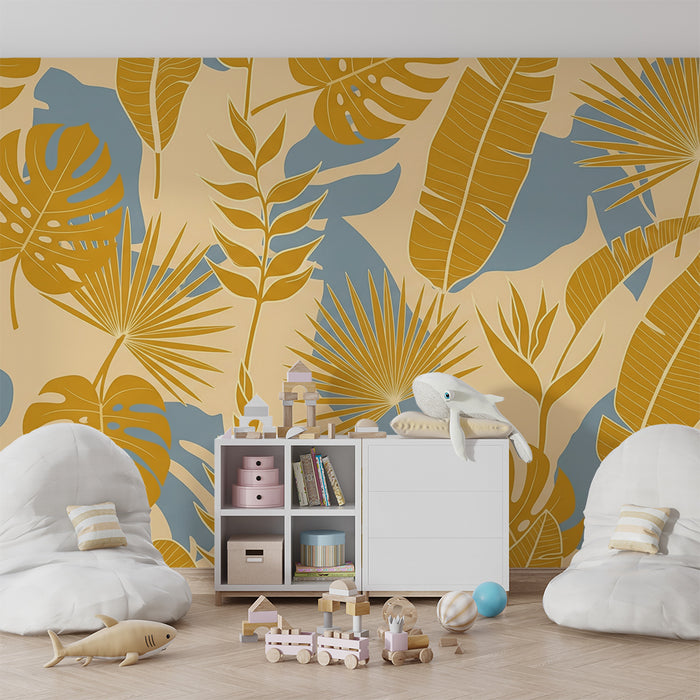 Papier peint chambre enfant | Feuillage tropical en nuances de jaune et bleu