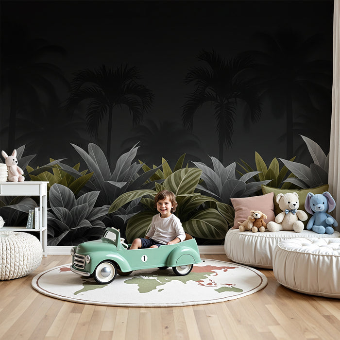 Papel de parede criança | Foliage tropical em tons de preto e verde