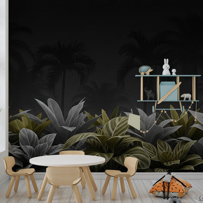 Papel de parede criança | Foliage tropical em tons de preto e verde