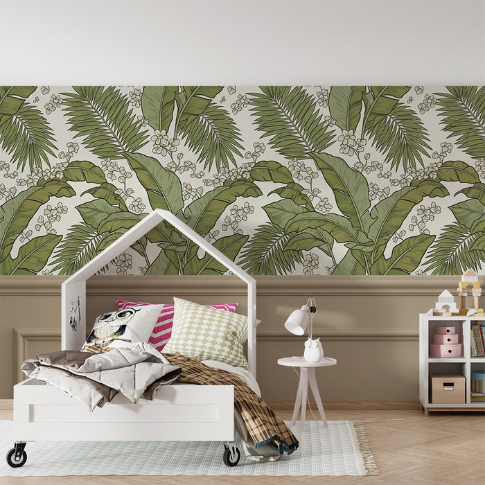 Kinderkamerbehang | Tropisch bladerdak en delicate bloemen