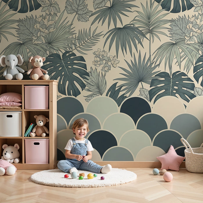 Papier peint chambre enfant | Feuillage tropical et motifs en écailles