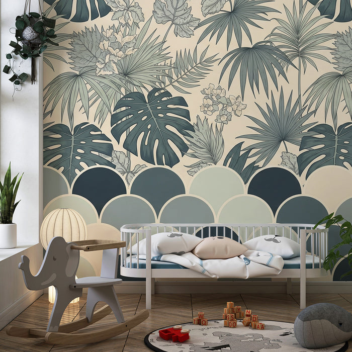 Papier peint chambre enfant | Feuillage tropical et motifs en écailles