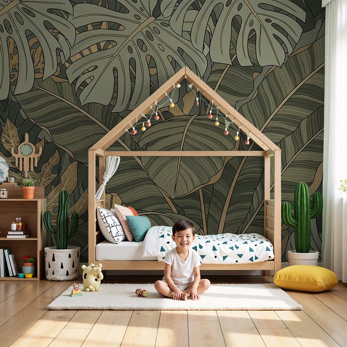Papel pintado infantil | Follaje tropical exuberante con tonos dorados